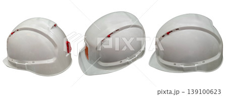 Three different views of a white industrial safety helmet are showcased on a plain background. The helmet is used for protection in work environments. It features a simple design for safety. Three different views of a white industrial safety helmet are showcased on a plain background. The helmet is used for protection in work environments. It features a simple design for safety. 139100623