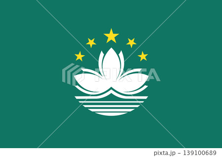 Regional Flag of Macao Republic of China. Lotus flower above stylized Governador Nobre de Carvalho Bridge and water in white, beneath circular arc of five golden five pointed stars on emerald green. Regional Flag of Macao Republic of China. Lotus flower above stylized Governador Nobre de Carvalho Bridge and water in white, beneath circular arc of five golden five pointed stars on emerald green. 139100689