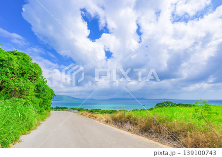 白い雲と青い海へ向かって伸びる石垣島の爽やかな道 白い雲と青い海へ向かって伸びる石垣島の爽やかな道 139100743