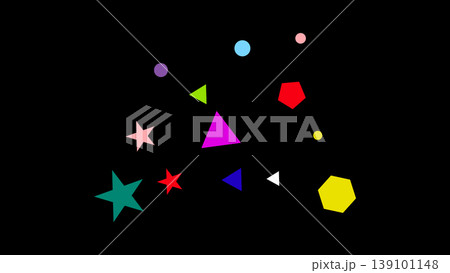 Scattered colorful geometric shapes on black background with party popper Scattered colorful geometric shapes on black background with party popper 139101148