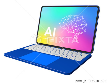 青いノートパソコンにAIの脳のイラストが表示されている 139101392