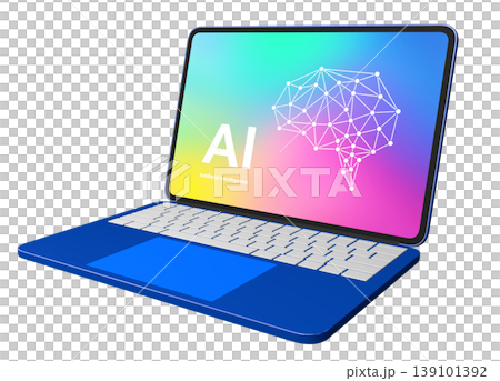 青いノートパソコンにAIの脳のイラストが表示されている 139101392