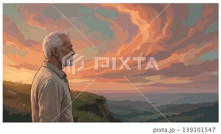 Solitary Elder on a Cliff Gazing at Twilight Clouds Solitary Elder on a Cliff Gazing at Twilight Clouds 139101547