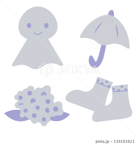 梅雨のモチーフ イラストセット パステルカラーの雨の日素材 139101621