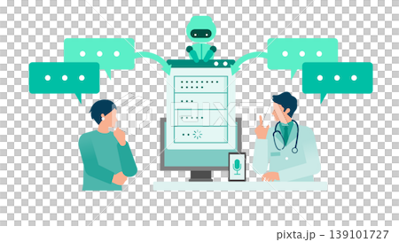 An illustration of a doctor and patient using AI voice recognition to automate medical record creation and electronic medical record entry, thereby improving work efficiency. 139101727