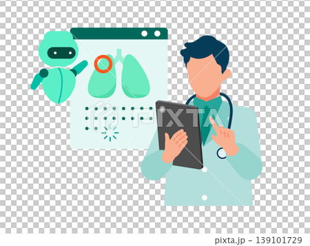 Medical DX illustration: A male doctor checks the results of an AI-diagnosed test on a tablet and receives support. 139101729