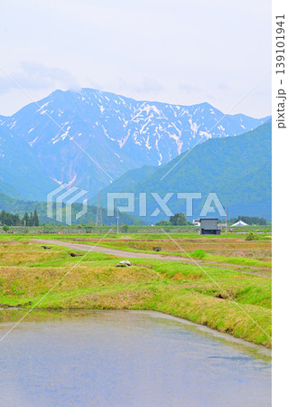 新緑の里と山の風景　越後駒ケ岳　棚田　八色の森公園付近からの眺め　 139101941