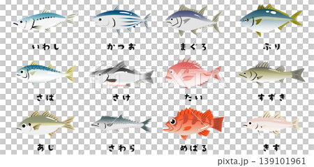 一組可愛的海魚插圖：鰹魚、鮪魚、鯛魚、竹莢魚等。 139101961