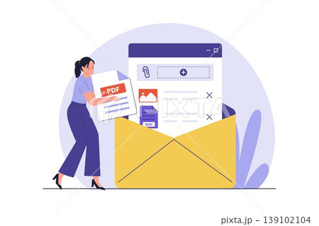 Illustration of Woman Attaching PDF and Media Files to Email Illustration of Woman Attaching PDF and Media Files to Email 139102104