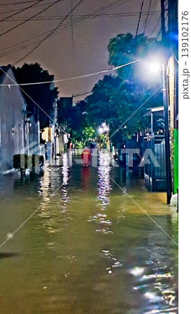 view of flood disaster in residential area 139102176