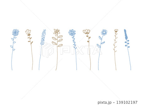 色々な種類の一輪の花のシンプルな手描きイラストセット3(青・茶色) 色々な種類の一輪の花のシンプルな手描きイラストセット3(青・茶色) 139102197