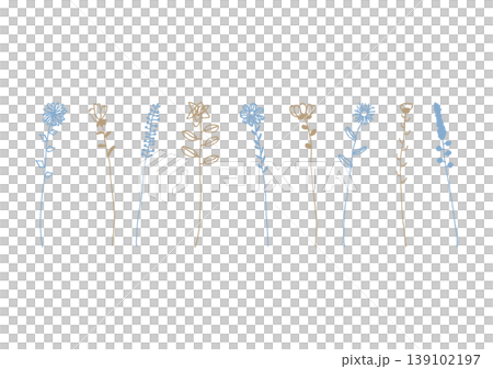 色々な種類の一輪の花のシンプルな手描きイラストセット3(青・茶色) 色々な種類の一輪の花のシンプルな手描きイラストセット3(青・茶色) 139102197