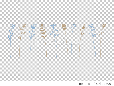 A set of 4 simple, hand-drawn illustrations of various types of single flowers (blue and brown). 139102200
