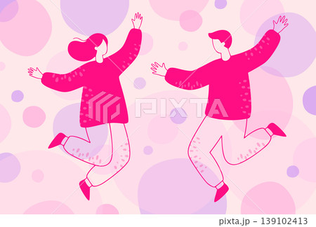 幸せそうに喜ぶカップル。結婚や記念日など人生を彩る瞬間のポップイラスト 幸せそうに喜ぶカップル。結婚や記念日など人生を彩る瞬間のポップイラスト 139102413