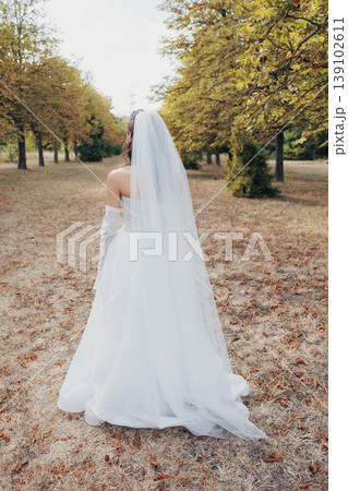 Bride Walking Down Treelined Autumn Path With Long Veil And Flowing Train, Back View Frames Perspective Of Journey Toward Ceremony Golden Foliage Lines Avenue, Soft Light And Elegant Posture Bride Walking Down Treelined Autumn Path With Long Veil And Flowing Train, Back View Frames Perspective Of Journey Toward Ceremony Golden Foliage Lines Avenue, Soft Light And Elegant Posture 139102611
