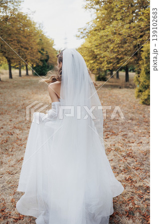 Elegant Bridal Scene. Charming Bride In Autumn Park With Flowing Veil And Lace Embellishments. Poised Bride Wearing Offshoulder Dress And Delicate Lace In Warm Park Light Capture Elegant Bridal Scene. Charming Bride In Autumn Park With Flowing Veil And Lace Embellishments. Poised Bride Wearing Offshoulder Dress And Delicate Lace In Warm Park Light Capture 139102683