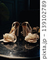 Elegant Strappy Heels With Floral Embellishment Resting On Glossy Round Table Beside Pearl Clutch, Warm Studio Lighting Emphasizes Satin Straps And Ornate Buckle, Fashion Still Life 139102789