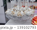 White Cake Pops On Glass Stand, Gold Sprinkle Topping With Vanilla Cream Filling, Stick Presentation On Glass Platter With Citrus Slice Accents, Upscale Catering Display For Modern 139102793