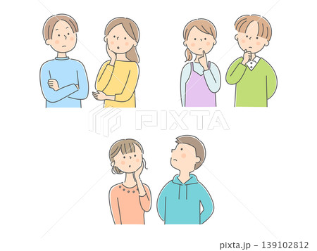 上を見上げて考え込む若い男女のイラストセット 上を見上げて考え込む若い男女のイラストセット 139102812