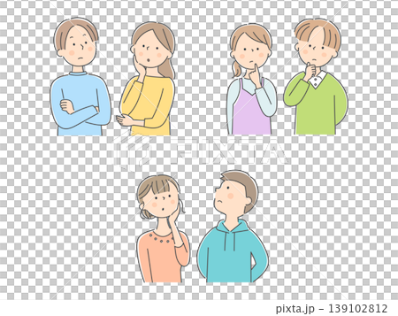 上を見上げて考え込む若い男女のイラストセット 上を見上げて考え込む若い男女のイラストセット 139102812