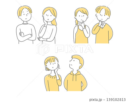 上を見上げて考え込む若い男女のイラストセット単色 139102813