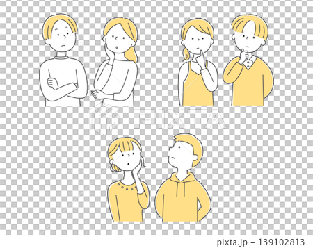 上を見上げて考え込む若い男女のイラストセット単色 139102813