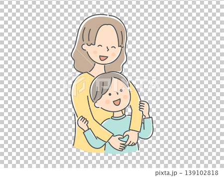 An illustration of a mother hugging her son from behind. An illustration of a mother hugging her son from behind. 139102818