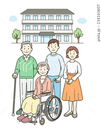 介護施設の前にいる車椅子に座る高齢女性と杖をついた高齢男性の夫婦と若い夫婦 139103607