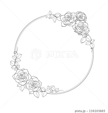手描きのバラの花の線画円型のフレームイラスト 手描きのバラの花の線画円型のフレームイラスト 139103665