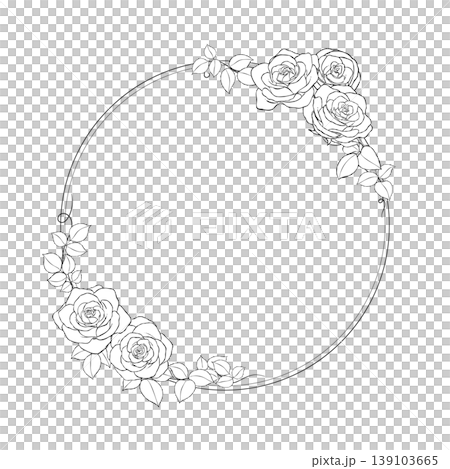 手描きのバラの花の線画円型のフレームイラスト 手描きのバラの花の線画円型のフレームイラスト 139103665