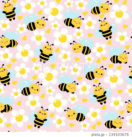 Cute bees and Daisy flower cartoon seamless pattern 139103678