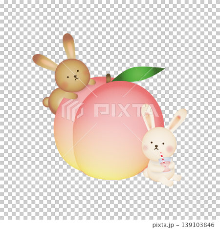 桃と2匹のうさぎのイラスト 桃ジュースを飲むかわいい動物素材 139103846