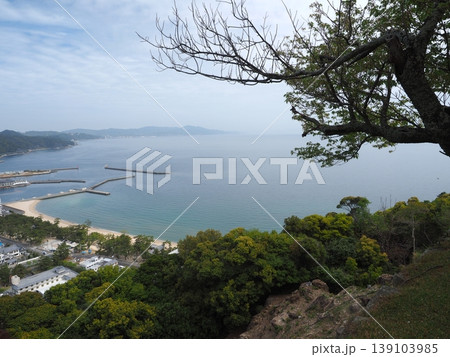 淡路島・大浜海水浴場の美しい海岸線を洲本城跡から望む俯瞰風景 淡路島・大浜海水浴場の美しい海岸線を洲本城跡から望む俯瞰風景 139103985