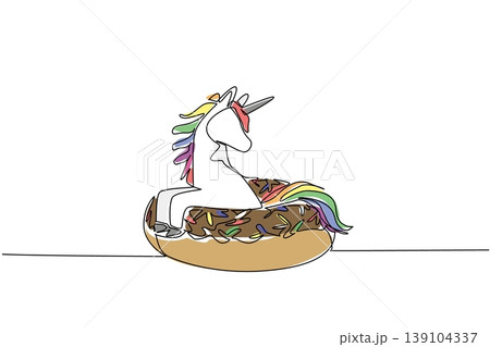 One line drawing of adorable magical unicorn features the fantasy animal sitting inside donut for pastry food concept. Colorful art is ideal for nursery poster purpose and girls bedroom decoration art One line drawing of adorable magical unicorn features the fantasy animal sitting inside donut for pastry food concept. Colorful art is ideal for nursery poster purpose and girls bedroom decoration art 139104337