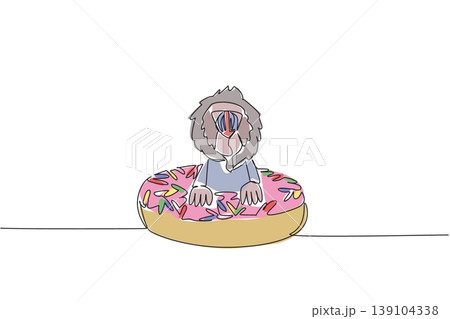 Single line draw of bright rainforest mandrill for pastry food concept features playful cute animal sitting inside donut. Colorful art represents kids storybook cover purpose with charming jungle ape Single line draw of bright rainforest mandrill for pastry food concept features playful cute animal sitting inside donut. Colorful art represents kids storybook cover purpose with charming jungle ape 139104338