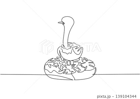 Single line draw of cute adorable ostrich feature wild bird animal sitting inside sweet donut for pastry food concept. Minimalist design for coloring page purpose for an international wildlife day art 139104344