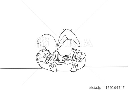 Single line drawing of adored giant anteater for pastry food concept shows playful animal lying inside donut. Simple sketch fits kids wall decor purpose for international forest wildlife day theme art 139104345