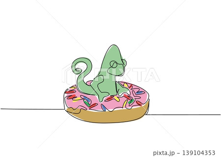Single line drawing of cute charming animal shows green chameleon lying inside sprinkled donut for pastry food concept. Colorful art is perfect for nursery poster purpose with adorable forest reptile Single line drawing of cute charming animal shows green chameleon lying inside sprinkled donut for pastry food concept. Colorful art is perfect for nursery poster purpose with adorable forest reptile 139104353