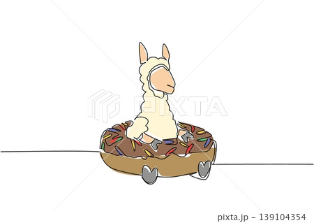 One line drawing of colorful woolly alpaca depicts cute animal sitting inside sweet donut for pastry food concept. White adorable llama design for kids stationery purpose with the fluffy farm mammal One line drawing of colorful woolly alpaca depicts cute animal sitting inside sweet donut for pastry food concept. White adorable llama design for kids stationery purpose with the fluffy farm mammal 139104354