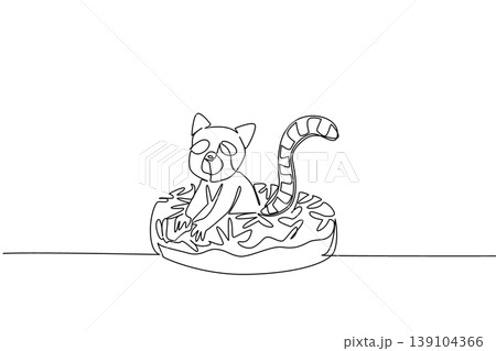 Single line drawing of lemur shows cute animal sitting inside sweet donut for pastry food concept. Unique design features stripped tail primate for kids wall decor purpose in minimalist style art Single line drawing of lemur shows cute animal sitting inside sweet donut for pastry food concept. Unique design features stripped tail primate for kids wall decor purpose in minimalist style art 139104366