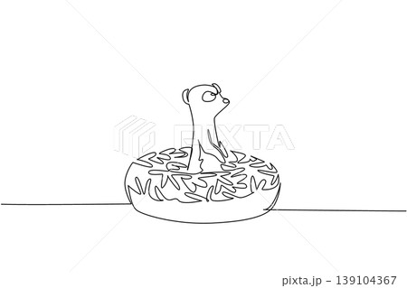 Single line drawing of playful meerkat shows cute safari animal sitting inside donut for dessert snack concept. Unique design of the desert creature for kids wall decor purpose in minimalist style Single line drawing of playful meerkat shows cute safari animal sitting inside donut for dessert snack concept. Unique design of the desert creature for kids wall decor purpose in minimalist style 139104367