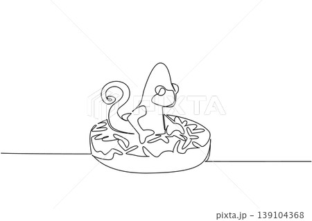 Continuous line drawing of cute adorable chameleon depicts exotic lizard animal lying inside glazed donut for pastry food concept. Simple illustration fits nursery poster purpose for reptile lover 139104368