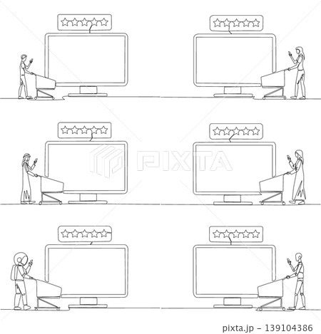One line drawing presents a man, woman, Arab, astronaut, and robot pushing a shopping cart towards a giant monitor with five stars. A nice e-commerce concept suited for a digital marketing website. One line drawing presents a man, woman, Arab, astronaut, and robot pushing a shopping cart towards a giant monitor with five stars. A nice e-commerce concept suited for a digital marketing website. 139104386