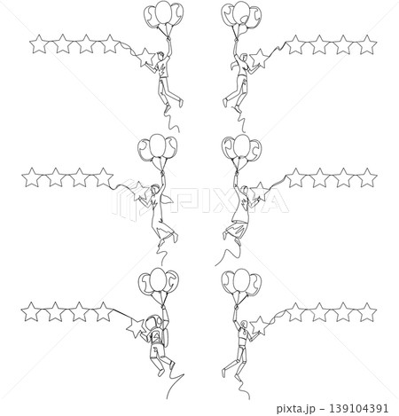 One line drawing displays a man, woman, Arab, astronaut, and robot flying high with halogen balloons to place a star. A wonderful success concept ideal for an inspiring corporate poster design. 139104391