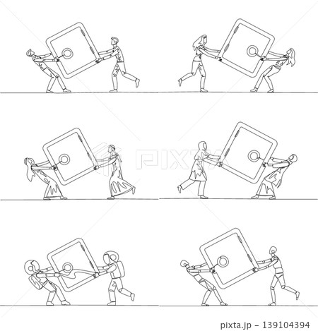 Single line drawing features a man, woman, Arab, astronaut, and robot fight pulling a heavy bank safe. A brilliant secure finance concept perfectly designed for an investment business presentation. Single line drawing features a man, woman, Arab, astronaut, and robot fight pulling a heavy bank safe. A brilliant secure finance concept perfectly designed for an investment business presentation. 139104394