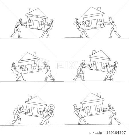 Continuous line drawing portrays a man, woman, Arab, astronaut, and robot pulling miniature house together. An excellent property conflict concept suited nicely for real estate blog post layout. Continuous line drawing portrays a man, woman, Arab, astronaut, and robot pulling miniature house together. An excellent property conflict concept suited nicely for real estate blog post layout. 139104397