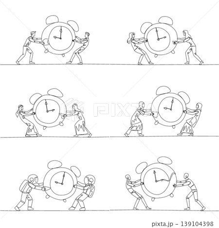 One line drawing presents a man, woman, Arab, astronaut, and robot pulling a big alarm clock. An interesting time management concept designed perfectly for a corporate productivity poster. One line drawing presents a man, woman, Arab, astronaut, and robot pulling a big alarm clock. An interesting time management concept designed perfectly for a corporate productivity poster. 139104398