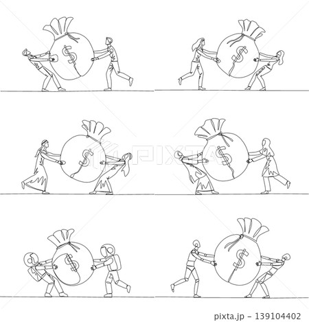 Continuous line drawing displays a man, woman, Arab, astronaut, and robot pulling a big money bag. A great finance concept perfectly designed for a corporate business magazine cover layout. Continuous line drawing displays a man, woman, Arab, astronaut, and robot pulling a big money bag. A great finance concept perfectly designed for a corporate business magazine cover layout. 139104402