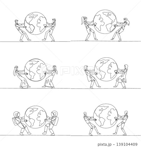 Single line drawing features a man, woman, Arab, astronaut, and robot fight pulling a giant earth globe. An engaging global business conflict concept suited perfectly for an international poster. Single line drawing features a man, woman, Arab, astronaut, and robot fight pulling a giant earth globe. An engaging global business conflict concept suited perfectly for an international poster. 139104409