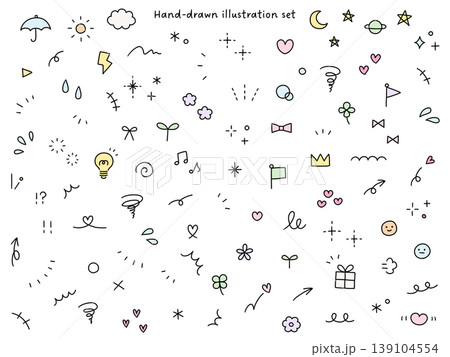 手書きの飾りイラストのベクターイラストセット。手描き、集中線、花、落書き、ハート、星 139104554
